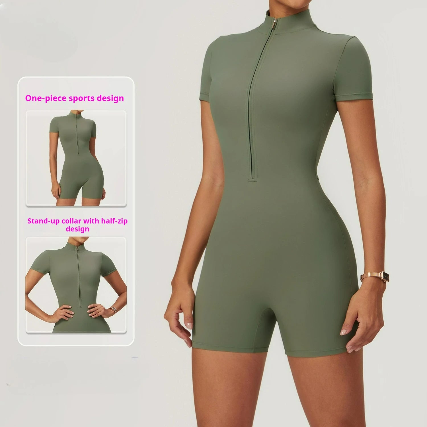 Women's  Yoga Jumpsuit Fitness Wear Short Sleeves Outfits Tracksuit Fitness Half-zip Romper Gym Sports Bodysuit