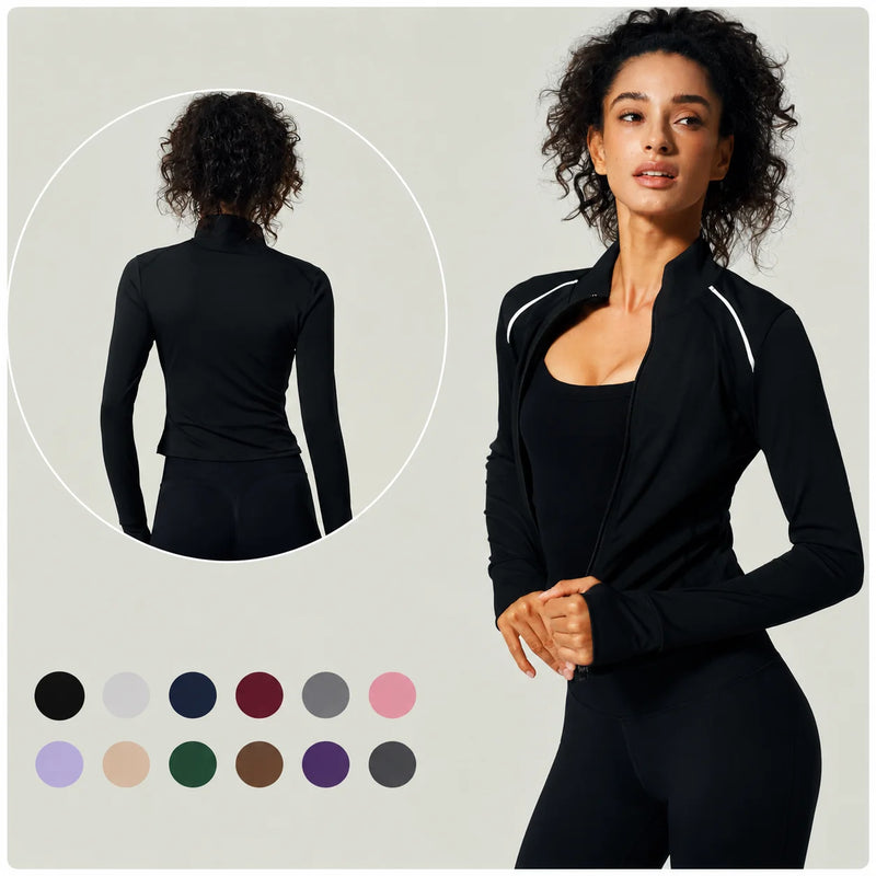 Breathable Reflective Running Gym Sport Jacket Slim Fit Yoga Jacket Full Zip Long Sleeve Workout Top Custom Logo