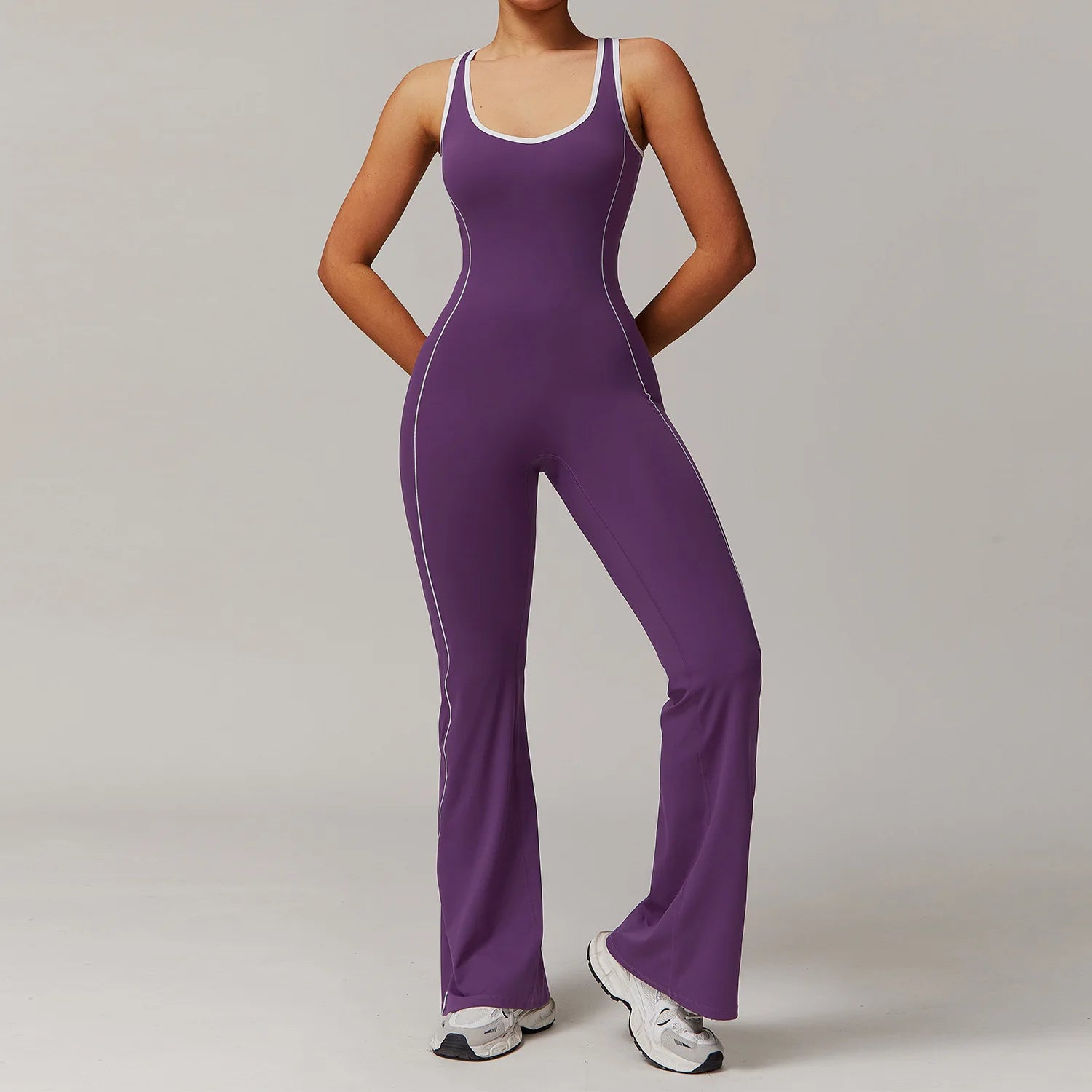 Women's Open Back Flared Yoga Jumpsuit Custom Logo Contrast Trim One Piece Padded Workout Gym Bodysuit Activewear