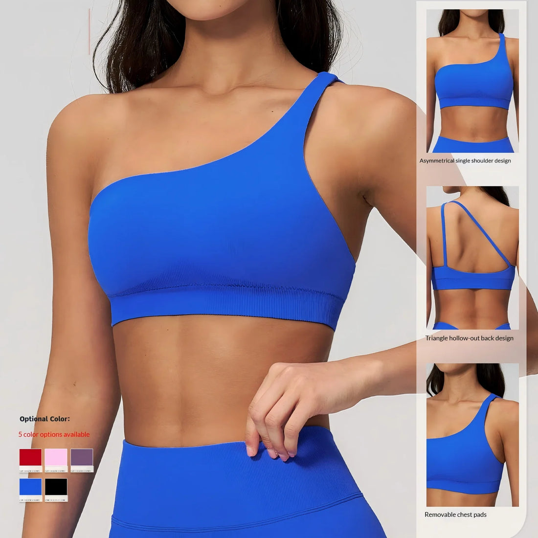 Nylon/Spandex Hollow Back Seamless Sports Bra One Shoulder Tank Top Low Impact Asymmetrical Bra Fitness Workout Gym Crop Tank