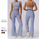 Custom Gym Sport Wear Clothes Solid Front Open Back Workout Vest Yoga Flares Leggings Pants Fitness Wear Yoga Sets for Women