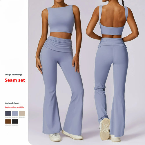 Custom Gym Sport Wear Clothes Solid Front Open Back Workout Vest Yoga Flares Leggings Pants Fitness Wear Yoga Sets for Women