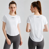 Custom Logo Women's Short Sleeve Gym T Shirt Curved Hem Loose Fit Workout Tops Quick Dry Breathable Running Yoga Tee