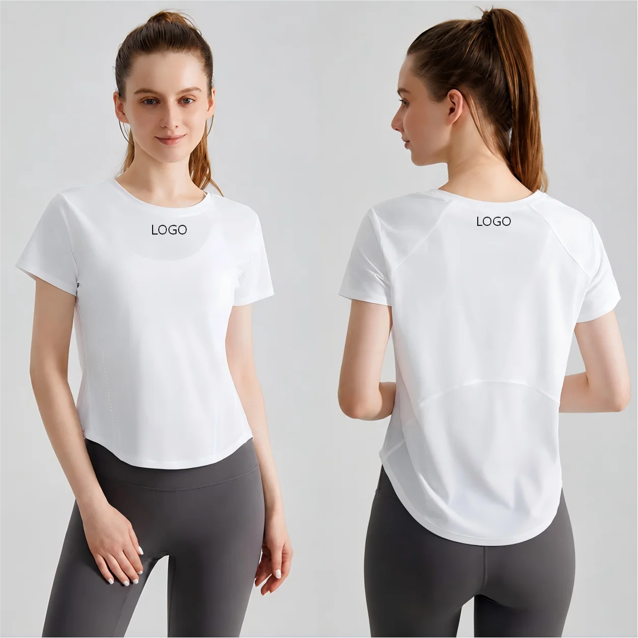 Custom Logo Women's Short Sleeve Gym T Shirt Curved Hem Loose Fit Workout Tops Quick Dry Breathable Running Yoga Tee