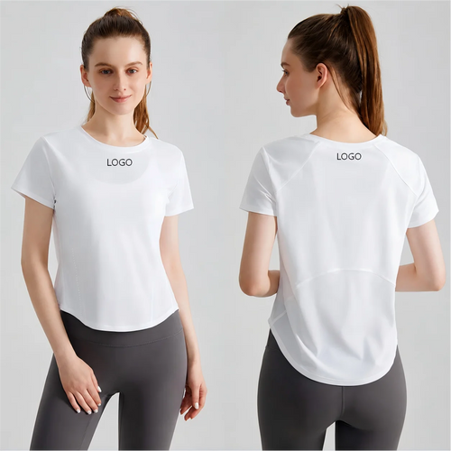 Custom Logo Women's Short Sleeve Gym T Shirt Curved Hem Loose Fit Workout Tops Quick Dry Breathable Running Yoga Tee
