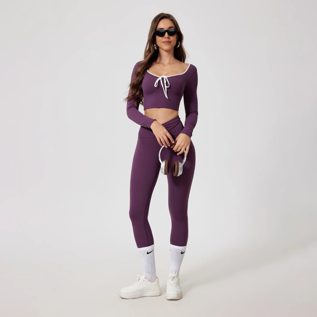 Custom Logo Yoga Set Women Front Tie Long Sleeve Crop Top V Waist Leggings 2 Piece Workout Set Fitness Wear Gym