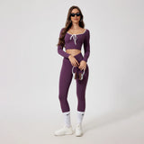 Custom Logo Yoga Set Women Front Tie Long Sleeve Crop Top V Waist Leggings 2 Piece Workout Set Fitness Wear Gym