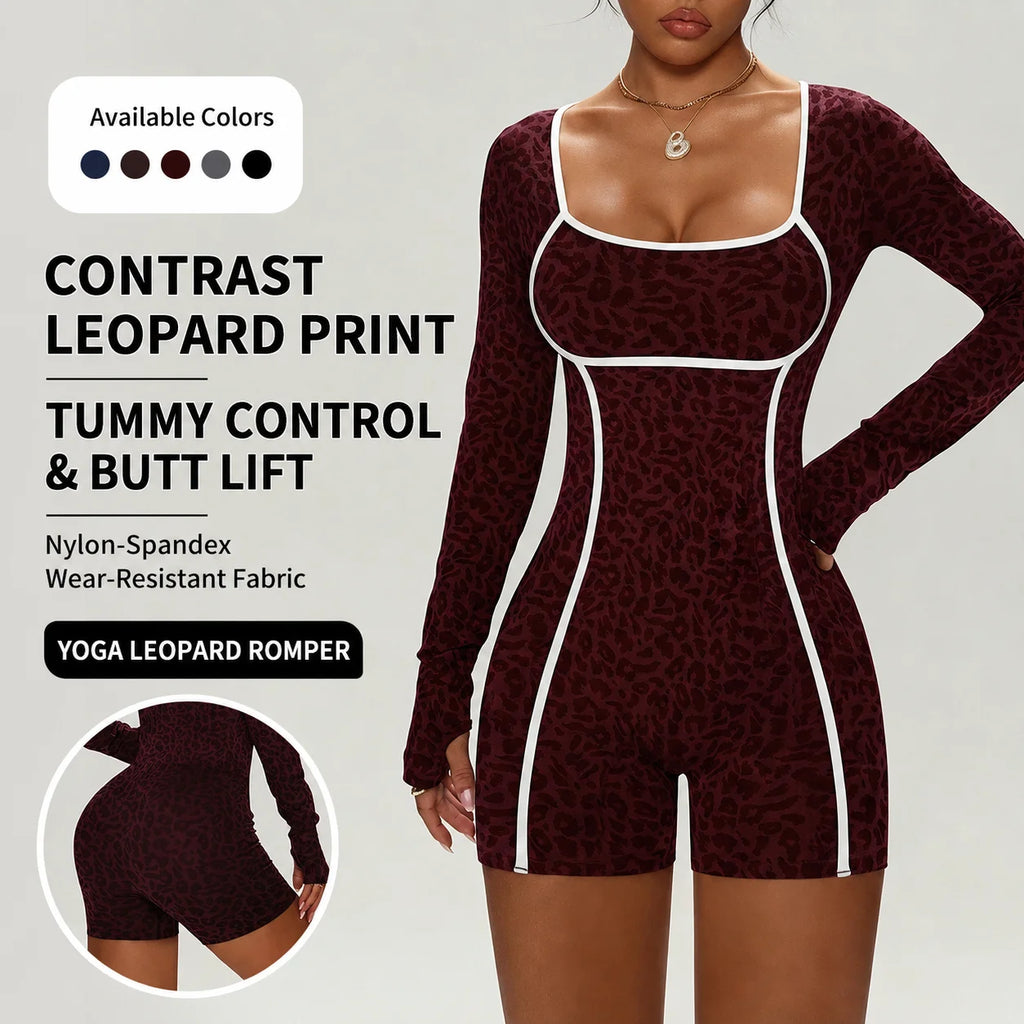 Leopard Seamless Activewear Women Long Sleeve Butt Lift Gym Workout Yoga Breathable & Quick-Dry Jumpsuits Workout Bodysuit