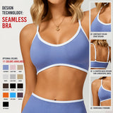 Women Contrast Binding Sports Bra Low U Back Gym Crop Top Removable Padded Adjustable Strap Yoga Bralette 11 Colors