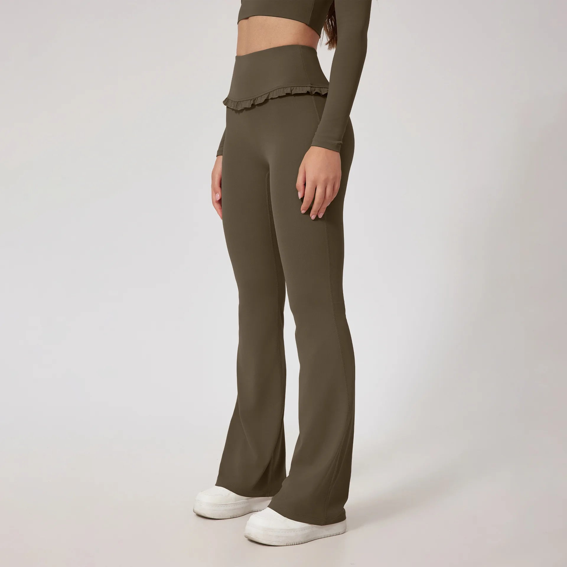 Custom Logo Yoga Pants Flare Pants Ruffle Trim High Waist Women Frill Bell Bottom Leggings Gym Fitness Wear