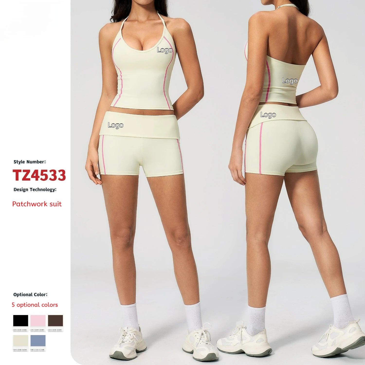 Hanging Neck Crew Neck Flipping Waist Slimming Solid Breathable Four-Way Stretch High Waist Yoga Shorts Suit Set