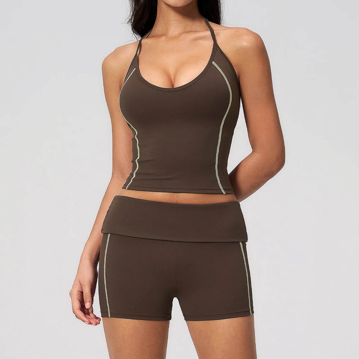 Hanging Neck Crew Neck Flipping Waist Slimming Solid Breathable Four-Way Stretch High Waist Yoga Shorts Suit Set