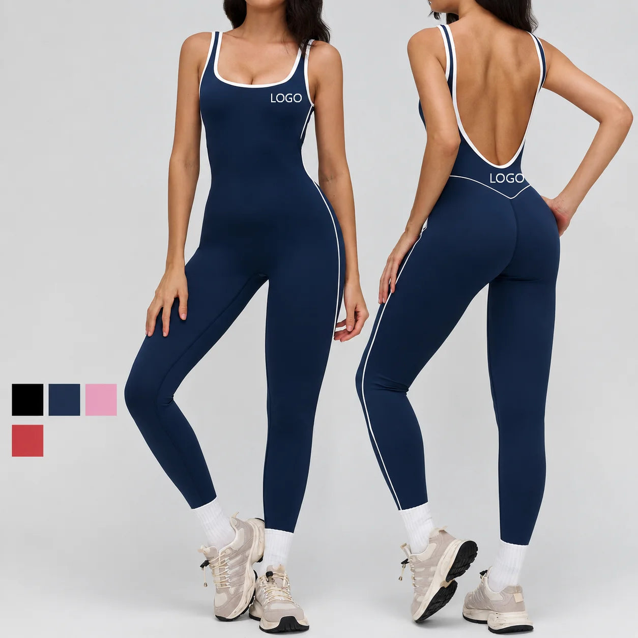 Custom Logo Yoga Bodysuit Yoga Jumpsuit Women Backless Contrast Trim One Piece Sleeveless Gym Fitness Workout Wear