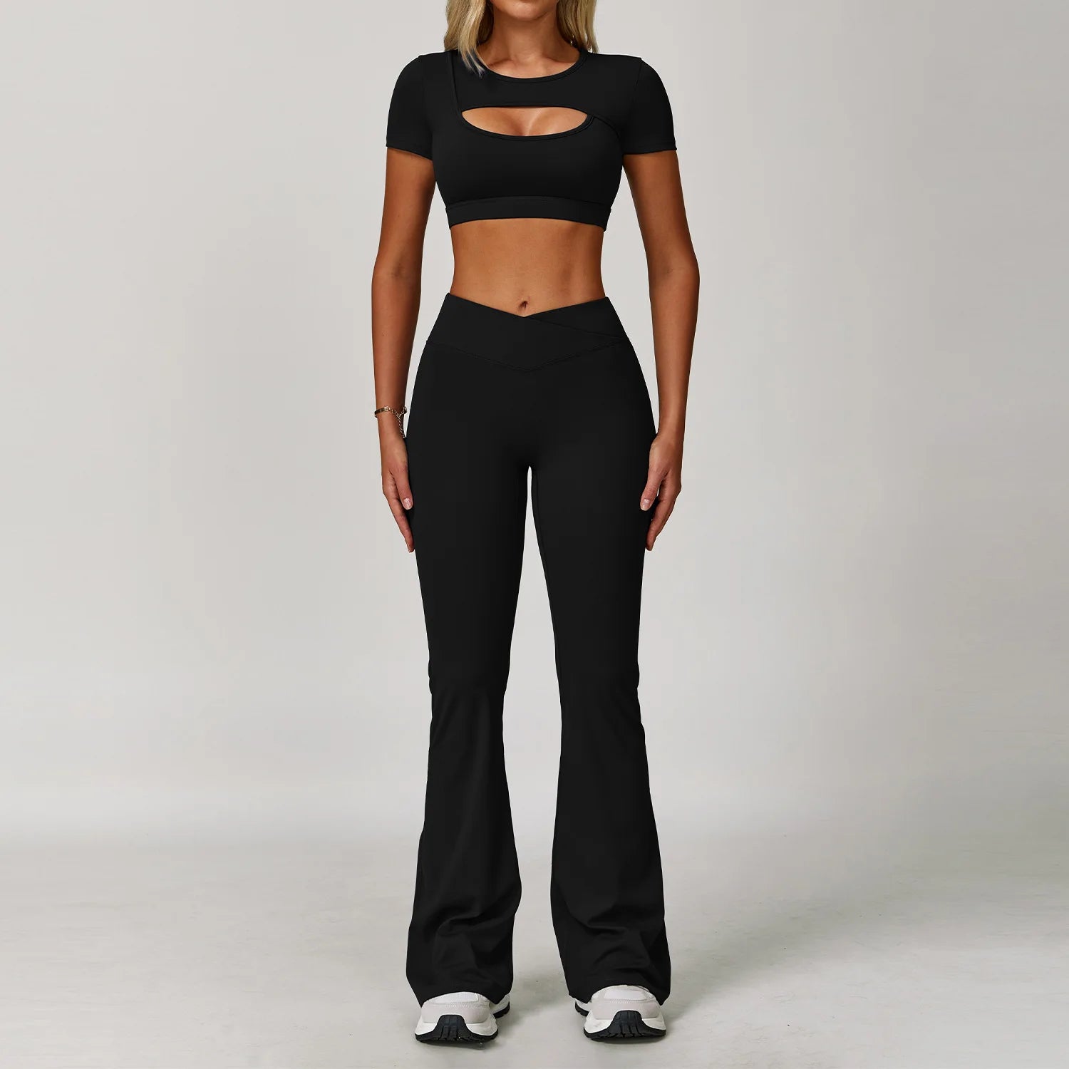 V Front Women's High Waist Breathable Solid 2026 2-pcs Active Wear Pink Yoga Flare Leggings Spandex/Nylon Elastic Waist Pink
