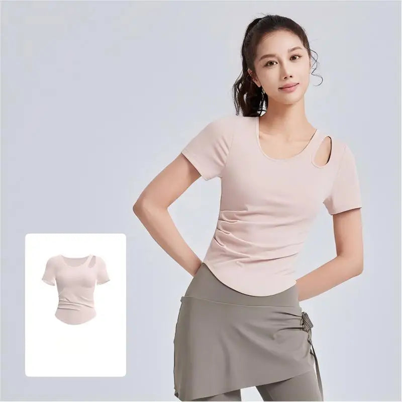 Women Cutout Yoga T Shirt Short Sleeve Gym Top Ruched Side Curved Hem Slim Fit Workout Tee Athletic Sportswear