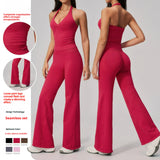 Women Seamless 2 Piece Outfits Workout Yoga Sports Track Suits Halter Neck Crop Top High Waist Flared Pant Sets Custom