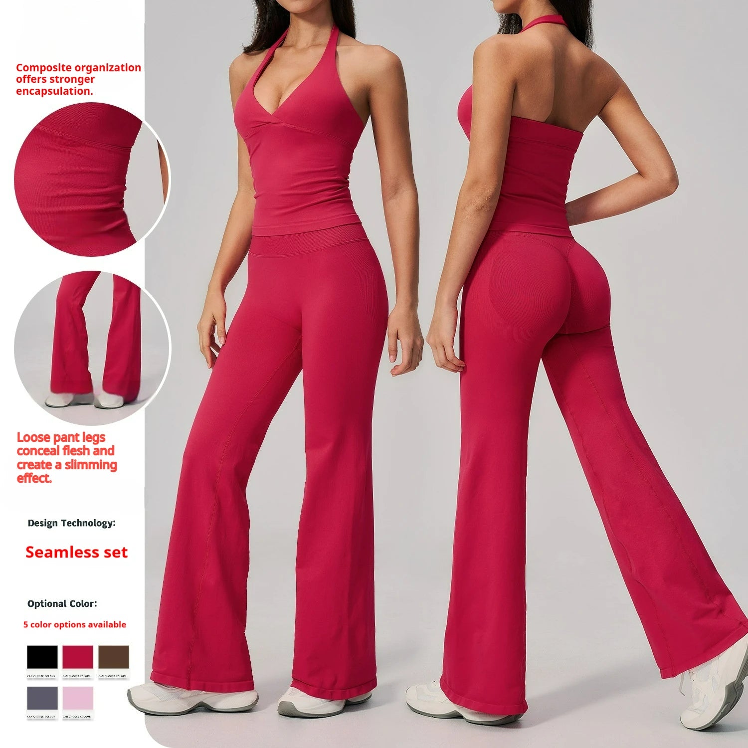 Women Seamless 2 Piece Outfits Workout Yoga Sports Track Suits Halter Neck Crop Top High Waist Flared Pant Sets Custom
