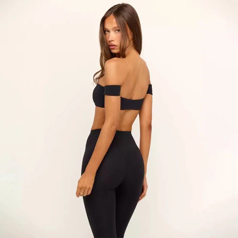 Women 2 Piece Outfit Casual Daily Workout Yoga Set  Off the Shoulder Crop Sports Bra High Waist Seamless Leggings Custom Logo