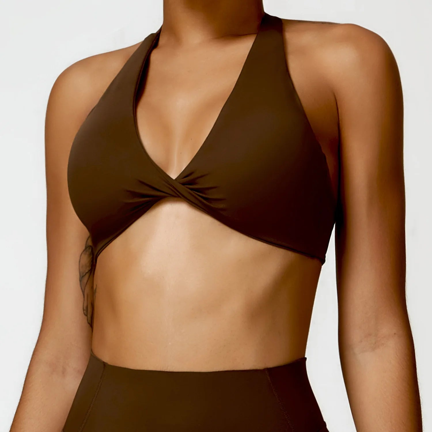 Halter Neck Twist Front Sports Bra Deep V Wireless Yoga Crop Top Removable Padded Gym Workout Bralette Women