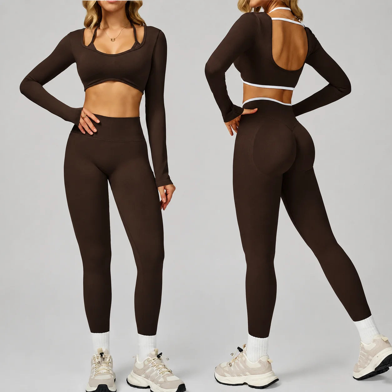 Wholesale Seamless Solid Sports Top Tight Scrunch Butt High Waist Elastic Waist Shorts Front 3 Piece Sportswear Gym Fitness Yoga