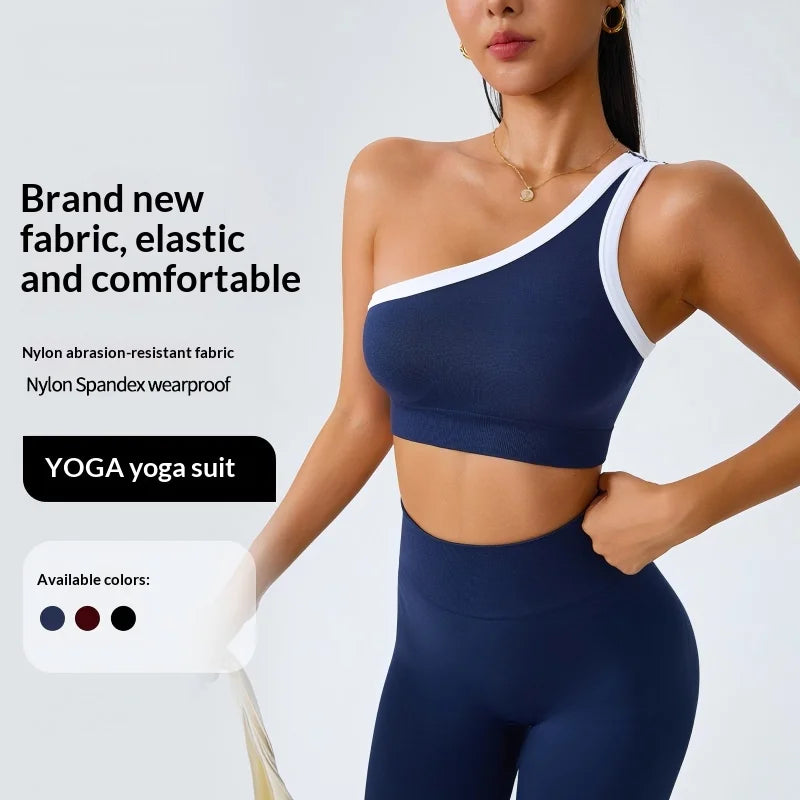 Yoga Set Women 2 Piece Set One Shoulder Contrast Trim Sports Bra High Waist Leggings Seamless Activewear Set