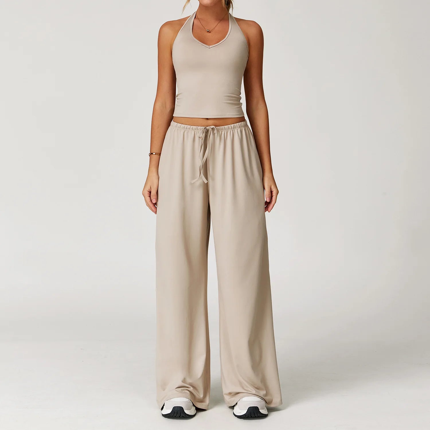 Solid Halter With T Strap Yoga Gym Sets Quick Dry Breathable Top Lightweight Loose Pants Women Summer Sports Outdoor Clothing