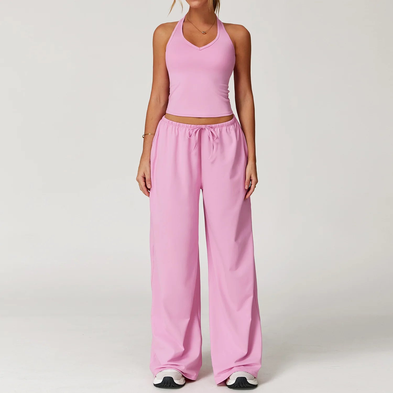 Women 3 Piece Solid Breathable Lounge Set Halter Crop Top Long Sleeve Wrap Cardigan Mid Waist Wide Leg Pants Tracksuit Custom