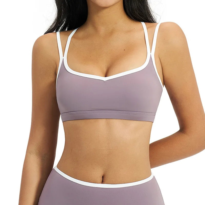 Yoga Bra Women Contrast Trim Dual Straps Wireless Padded Sports Bra Custom Logo Gym Workout Vest Tank Top