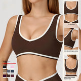 Sports Bra Seamless Ribbed Yoga Bra Women Spaghetti Strap V Neck Padded High Elasticity Fitness Workout Crop Top