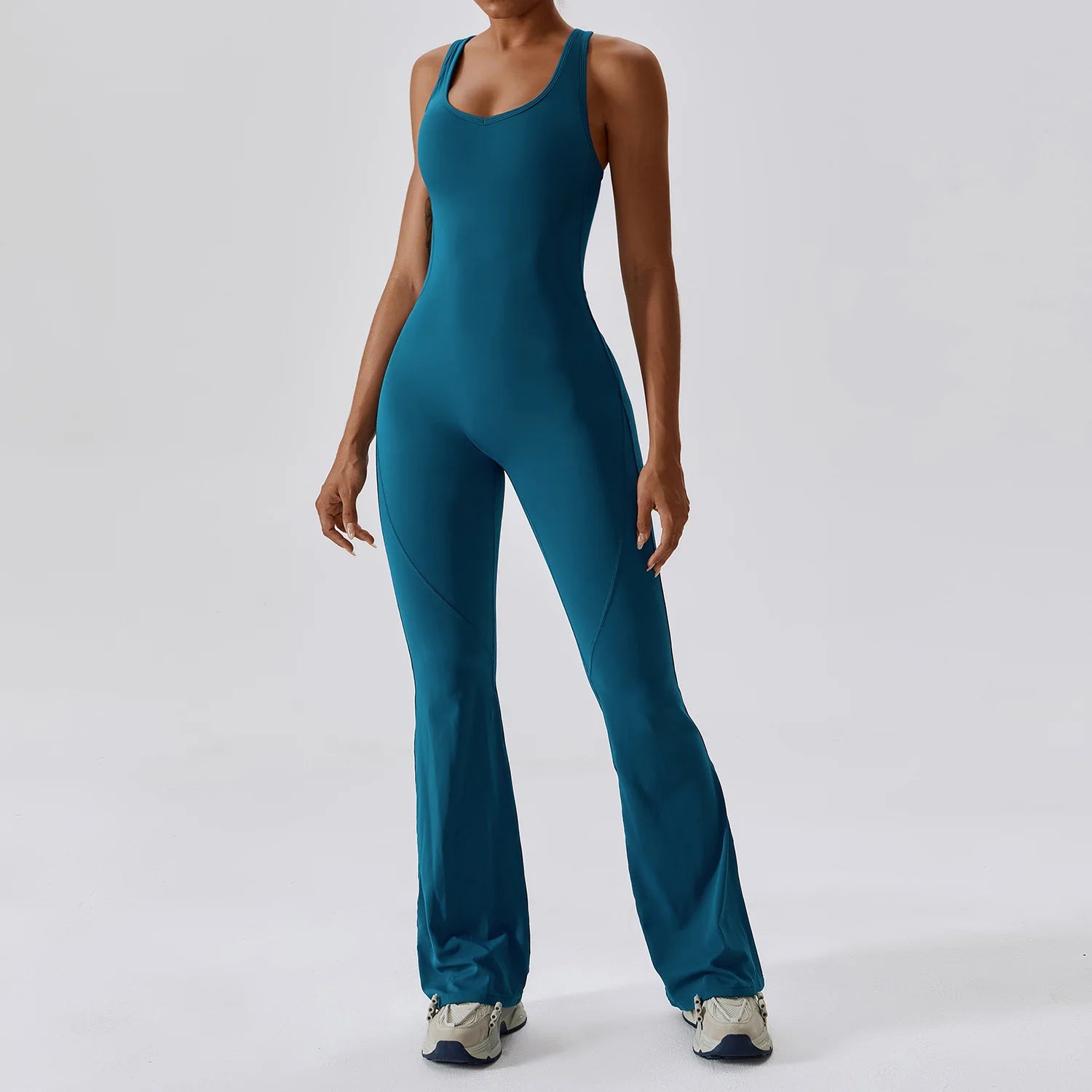 Plus Size Elastin Backless Workout Romper Quick Dry Flare Leggings Yoga Jumpsuits Knitted Women Custom  Gym Fitness Bodysuit