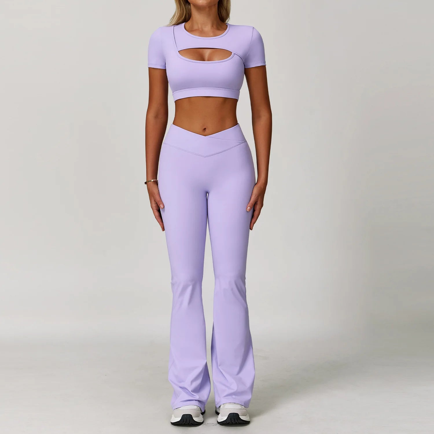 V Front Women's High Waist Breathable Solid 2026 2-pcs Active Wear Pink Yoga Flare Leggings Spandex/Nylon Elastic Waist Pink