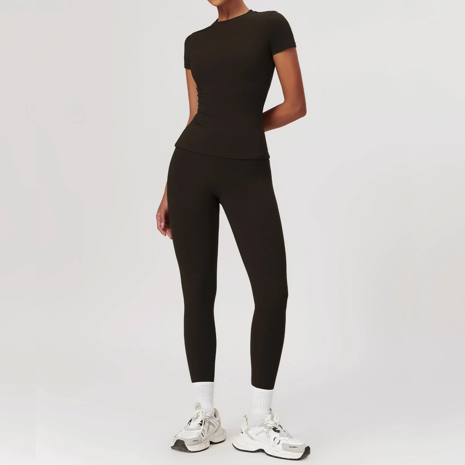 Seamless Solid Active Set Women 2 Piece Breathable Workout Outfits Short Sleeve T Shirt High Waisted Leggings Gym Yoga Set