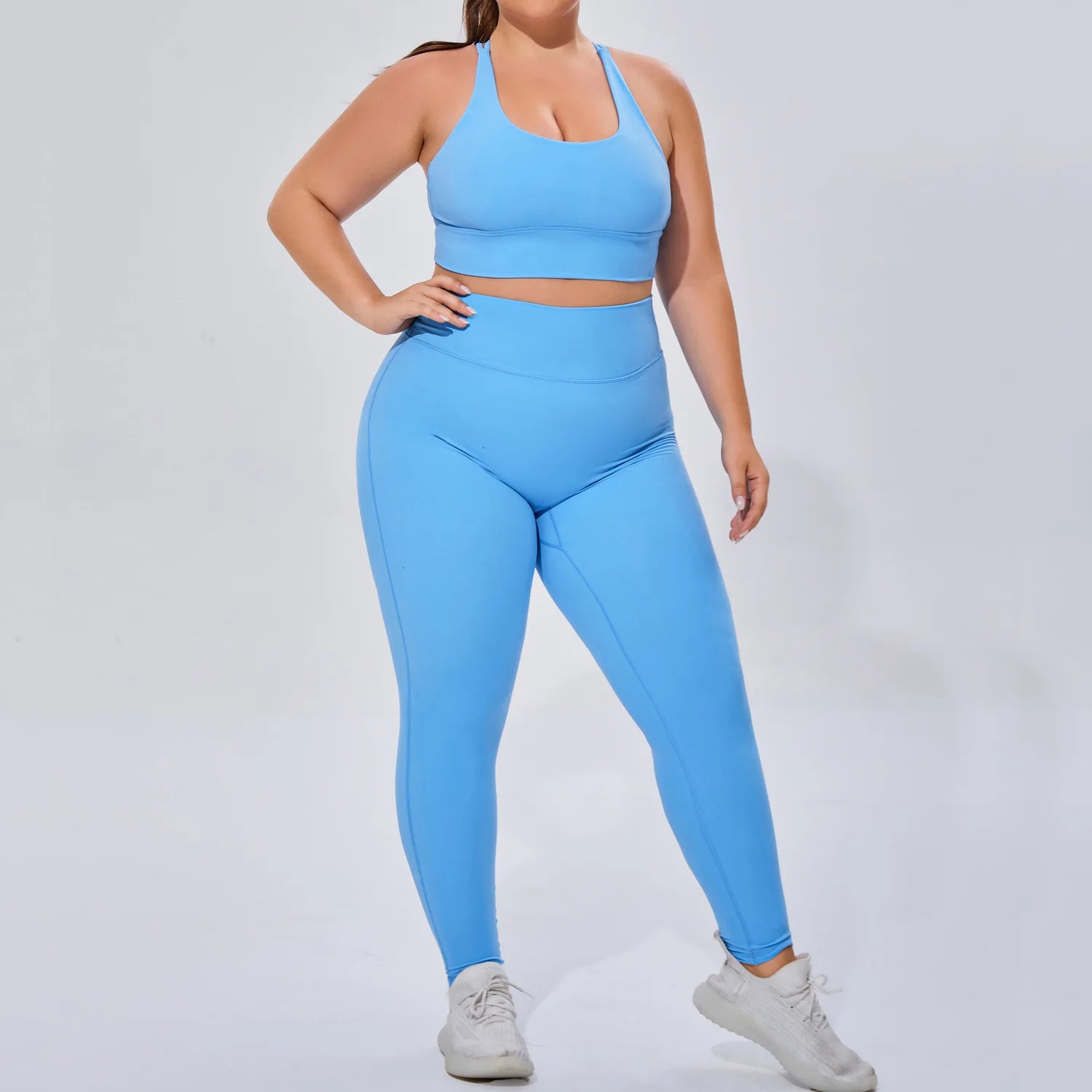 Wholesale Plus Size Soft Feel Yoga Set Criss Cross Back Sports Bra High Waist Leggings 2 Piece Activewear Set