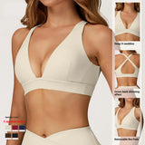 V Neck Sports Bra Cross Back Ribbed Yoga Bra Custom Logo Removable Padded Gym Workout Crop Top