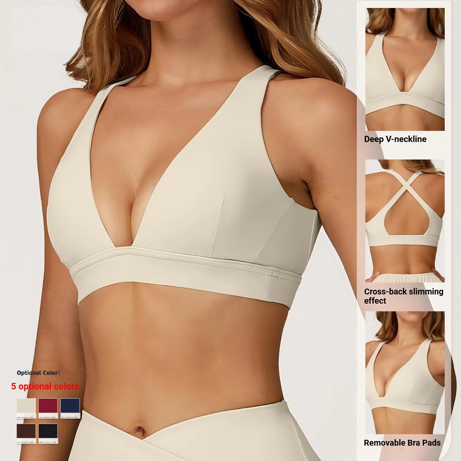 V Neck Sports Bra Cross Back Ribbed Yoga Bra Custom Logo Removable Padded Gym Workout Crop Top