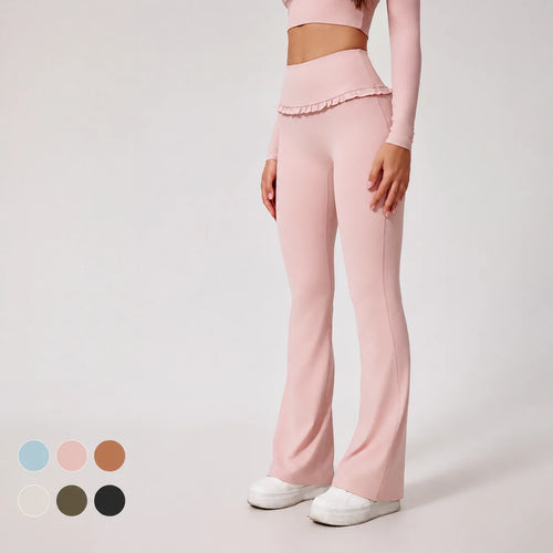 Custom Logo Yoga Pants Flare Pants Ruffle Trim High Waist Women Frill Bell Bottom Leggings Gym Fitness Wear