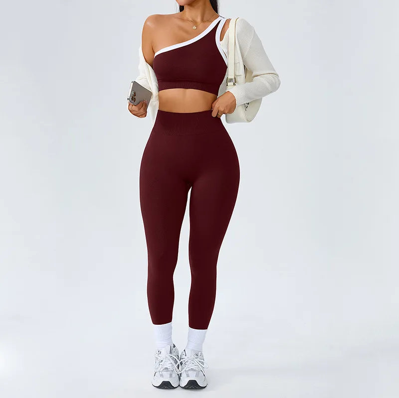 Yoga Set Women 2 Piece Set One Shoulder Contrast Trim Sports Bra High Waist Leggings Seamless Activewear Set