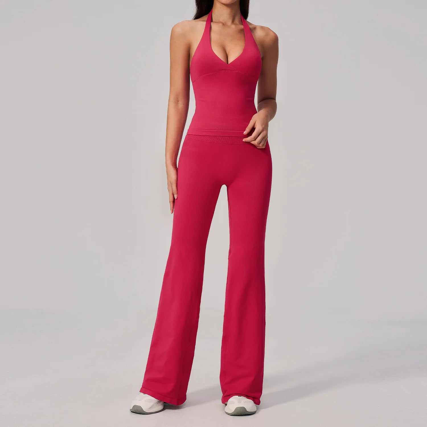 Women Seamless 2 Piece Outfits Workout Yoga Sports Track Suits Halter Neck Crop Top High Waist Flared Pant Sets Custom